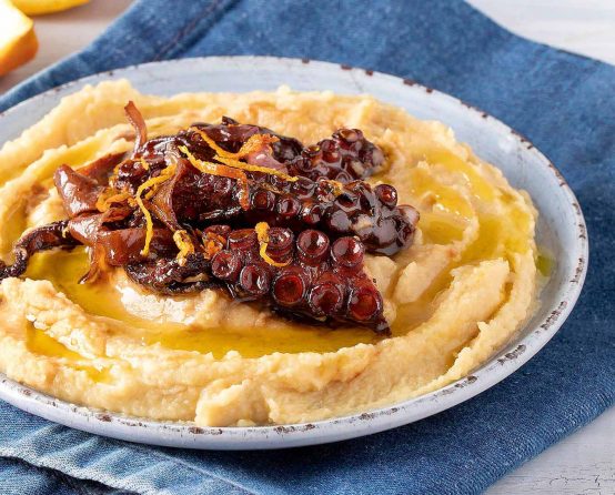 Paliria Fava with roasted oranged octopus