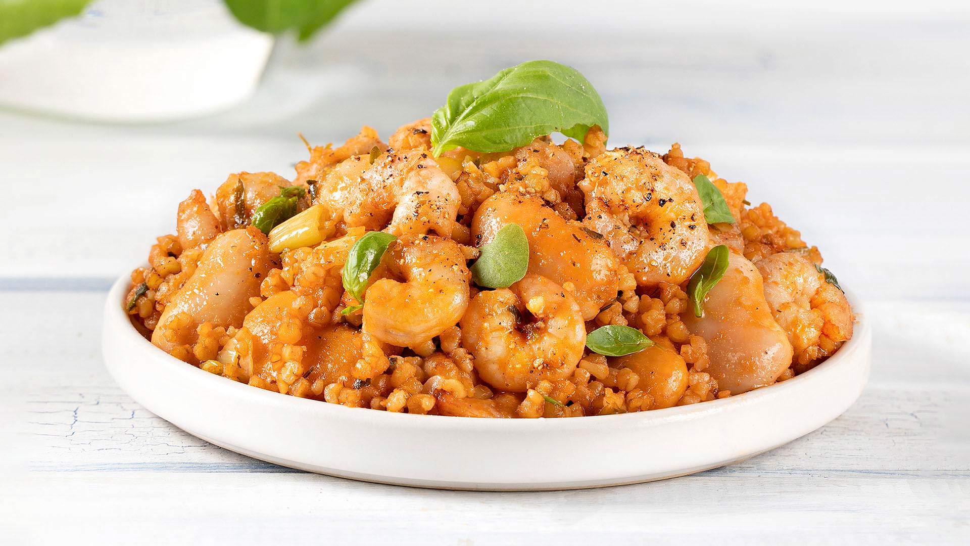 Paliria baked giant beans with shrimps & bulgur