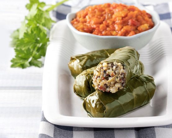 Paliria dolmas with tricolor quinoa with red roasted pepper dip