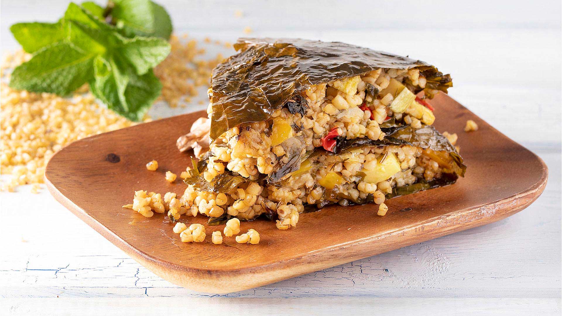 Paliria Vine leaves pie with bulgur & vegetables
