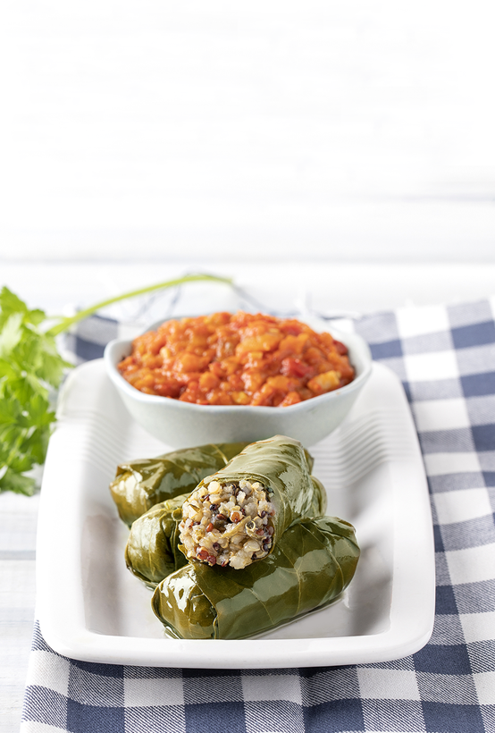 Dolmadakia mit dreifarbiger Quinoa Paliria und Dip aus gerösteten roten Paprikaschoten