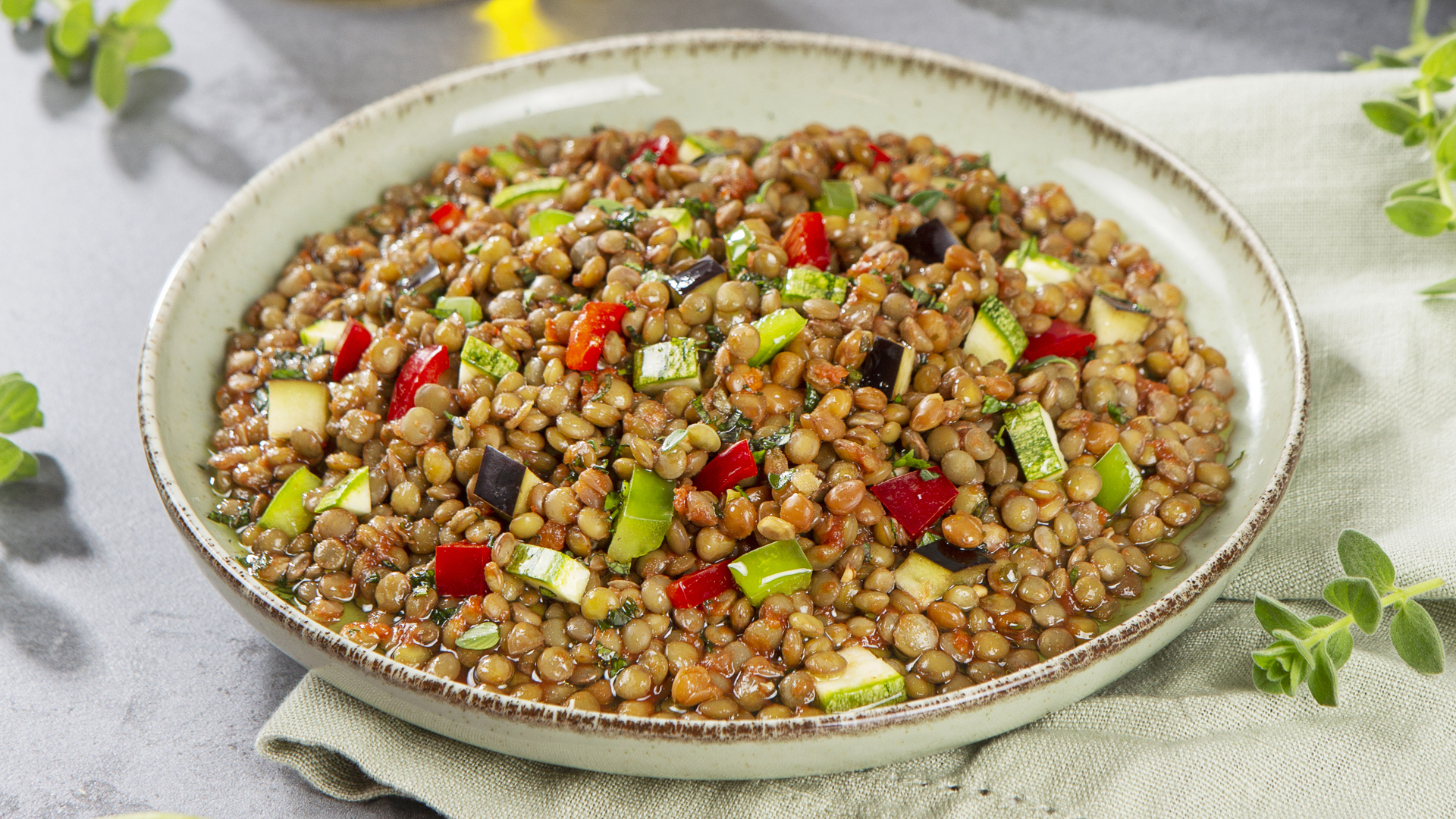 Lentils with roasted vegetables & pomegranate dressing