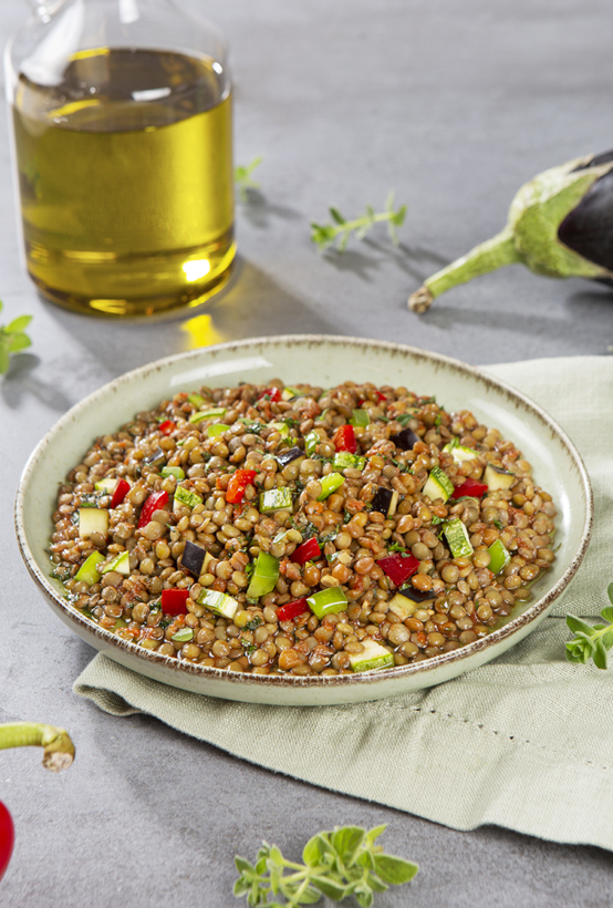 Lentils with roasted vegetables & pomegranate dressing