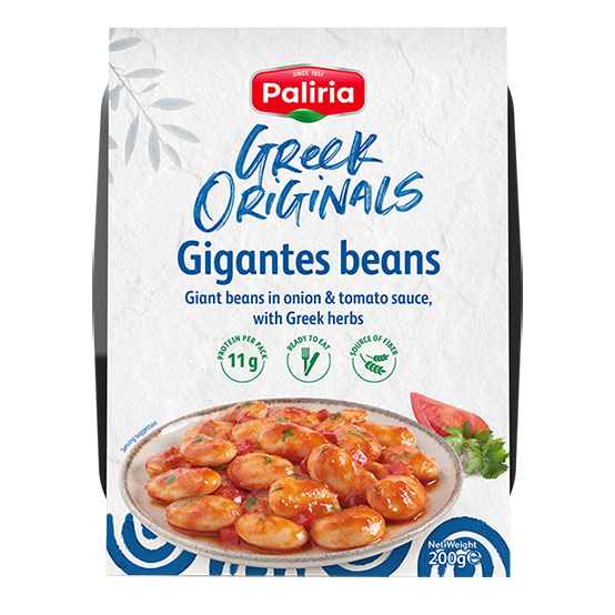 Giant beans in onion & tomato sauce in a plate