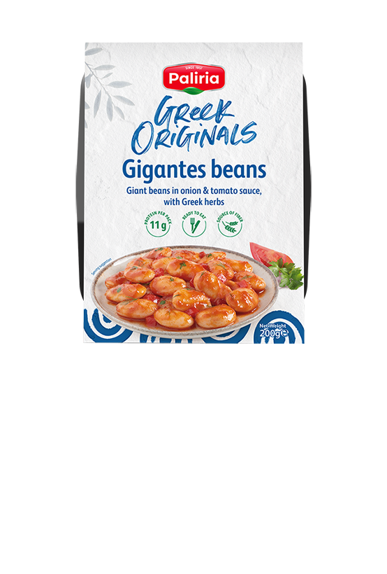 Giant beans in onion & tomato sauce in a plate