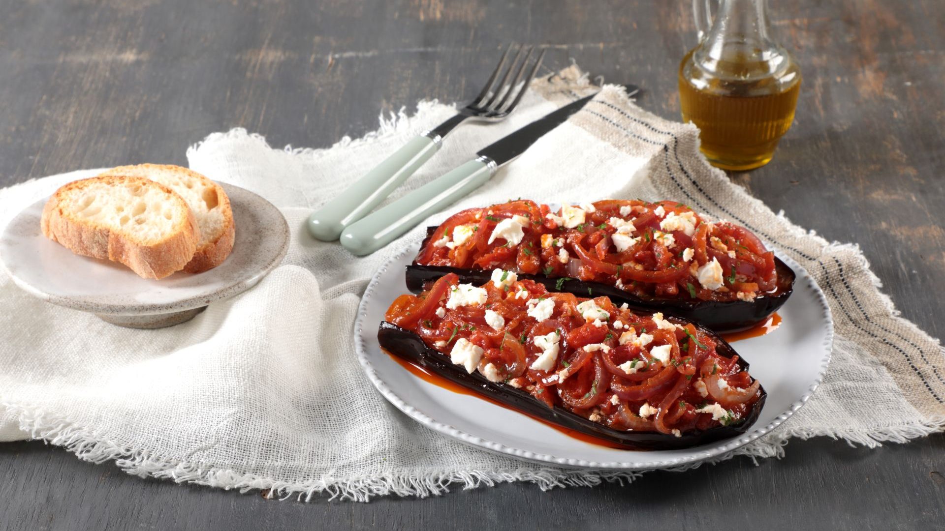 Eggplants in tomato sauce with Feta cheese