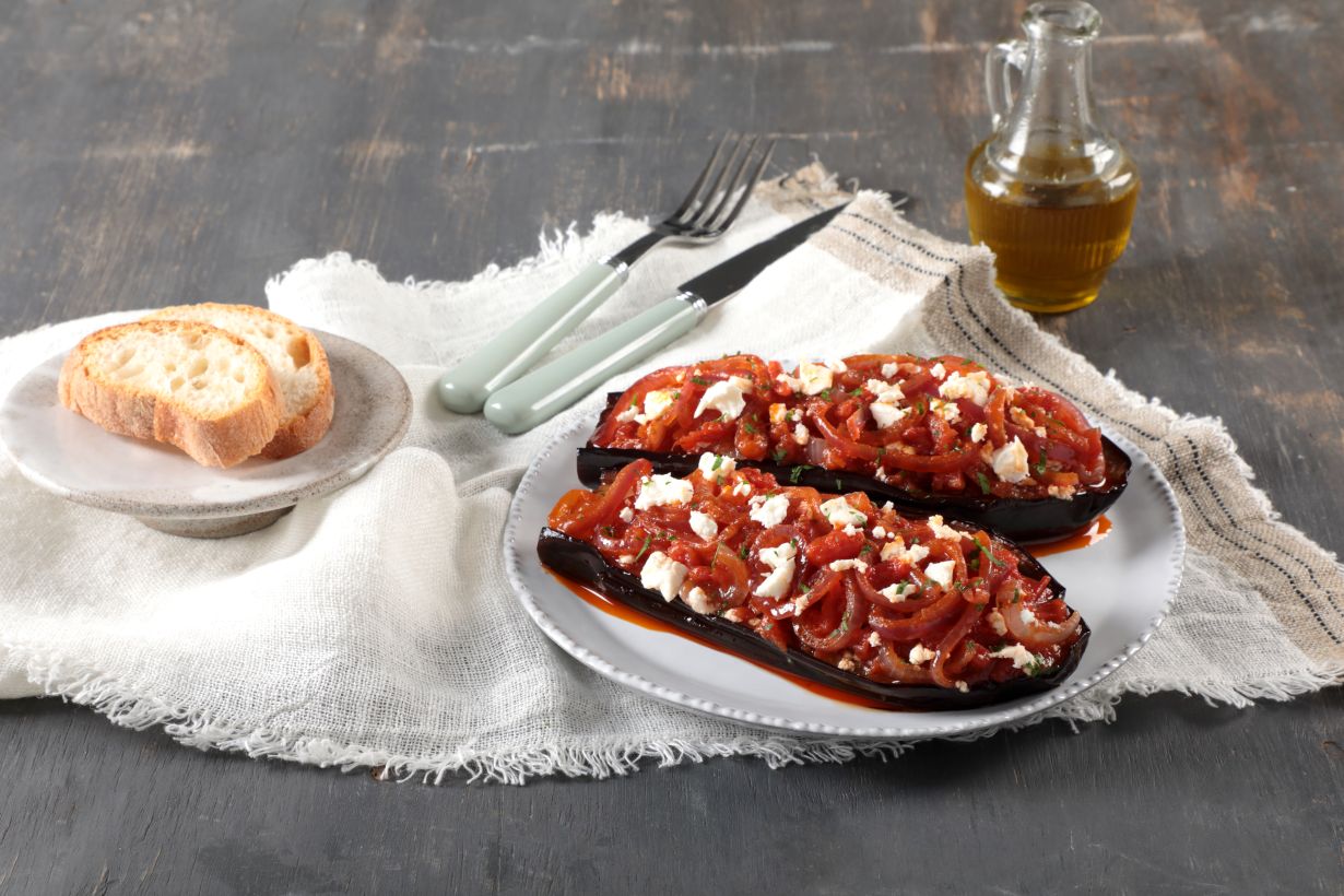 Eggplants in tomato sauce with Feta cheese