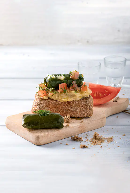 Paliria Dolmas & Greek Island Fava in bruschetta made of barley rusks