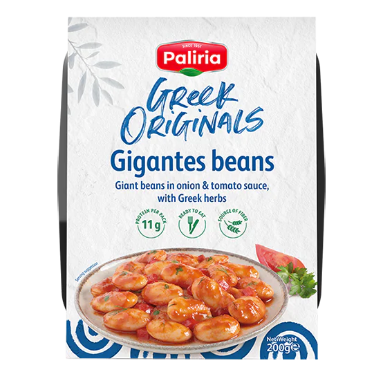 Giant beans in onion & tomato sauce in a plate